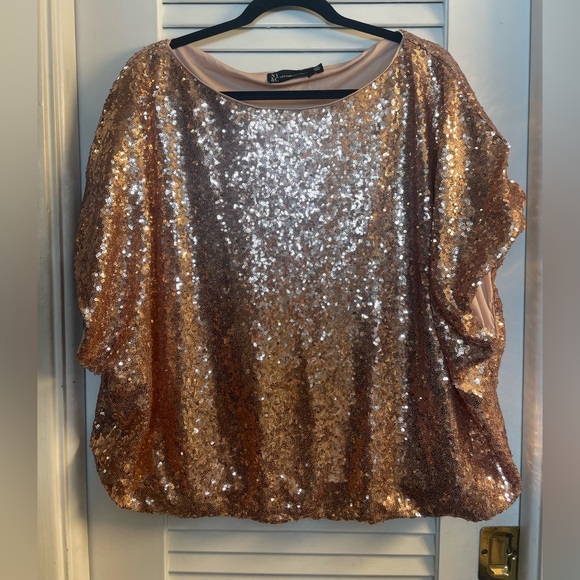 New York & Company Rose Gold Sequined Short Sleeve Balloon Hem Blouse XXL - Picture 2 of 7